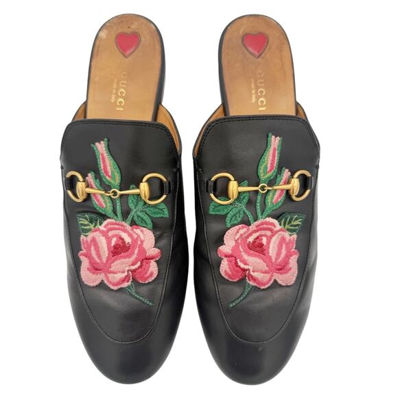 Gucci Princetown Horsebit Loafer Floral Flower Black Leather Mules EU 41 US 11 - Picture 3 of 16